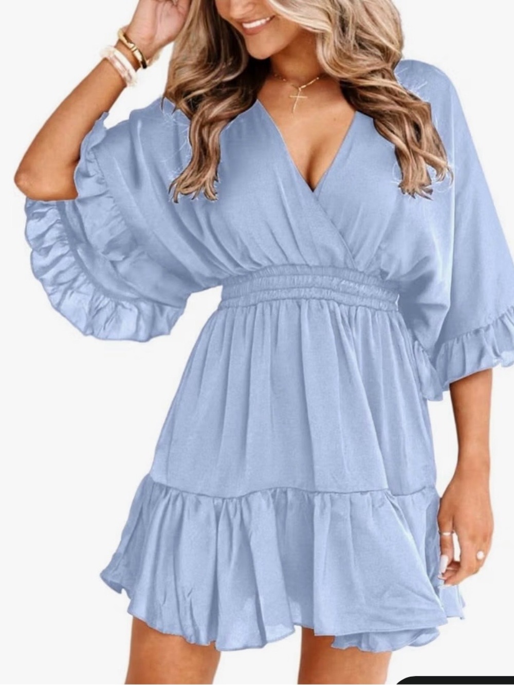Blue Mini Dress with Ruffle Sleeves - Picture 1 of 8